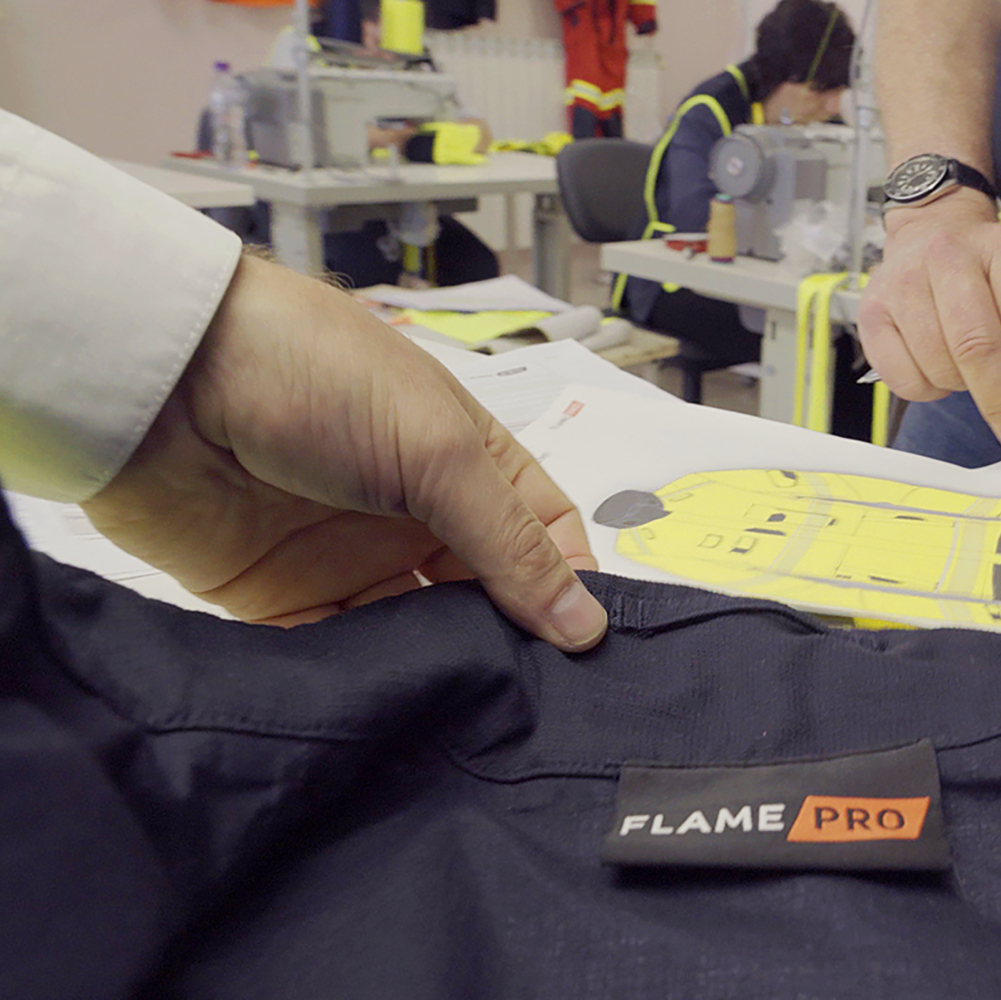 A close up of a FlamePro garment being manufactured